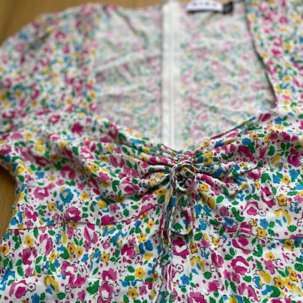 Rixo Larissa Bow Detailed Floral Print Crepe Mini Dress In Pink Size 6 - Picture 5 of 9